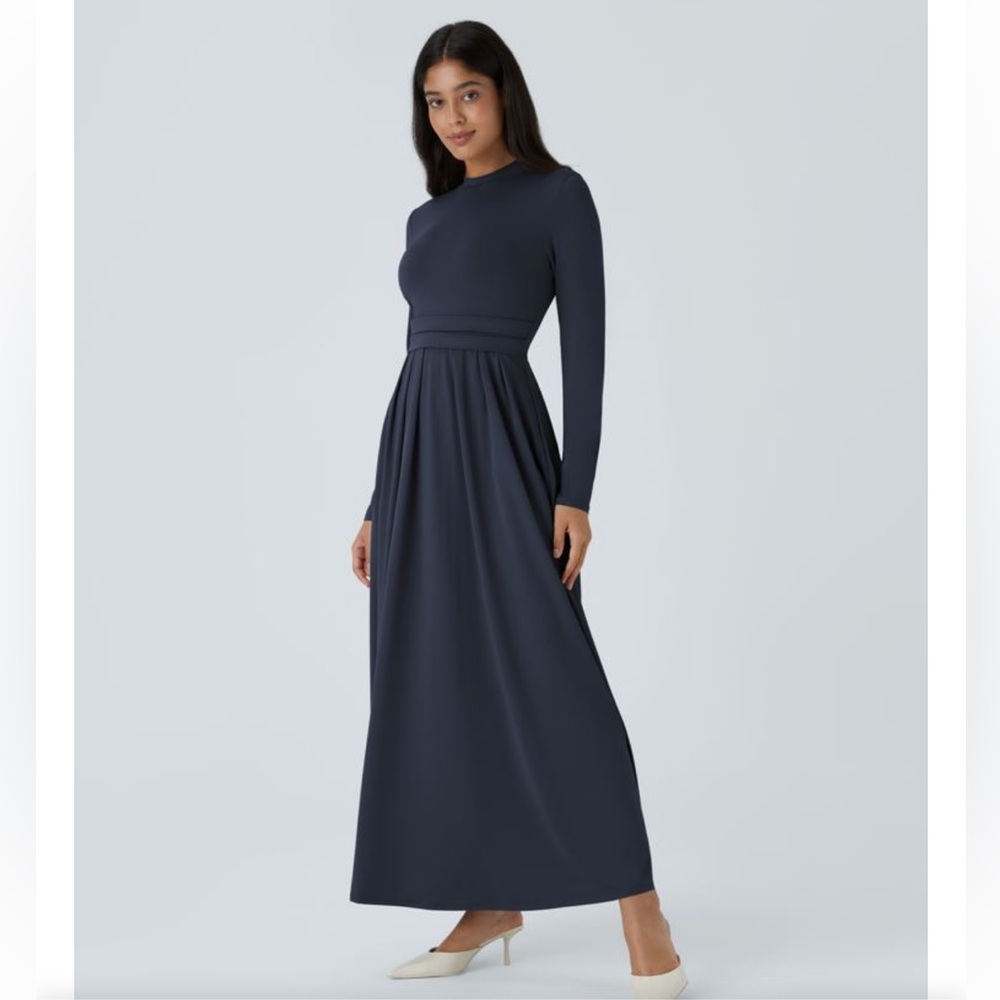 NWT Halara Maxi Dress Women’s Medium Black Jersey Mock Neck Fit & Flare Pockets